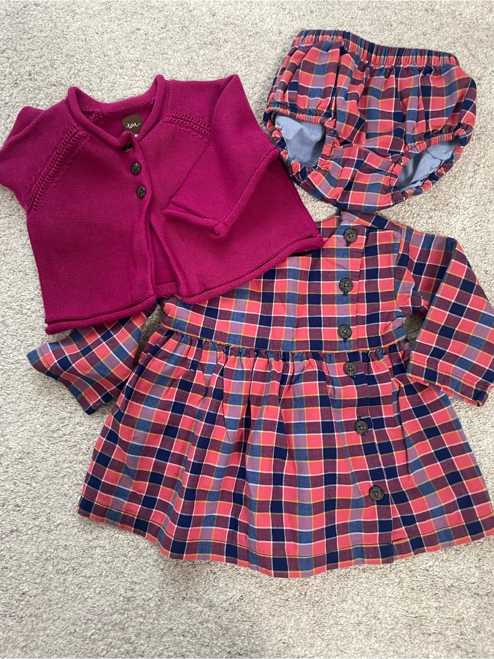 Tea Collection Girls' Plaid Dress Set in Navy, Pink, Magenta, LIKE NEW